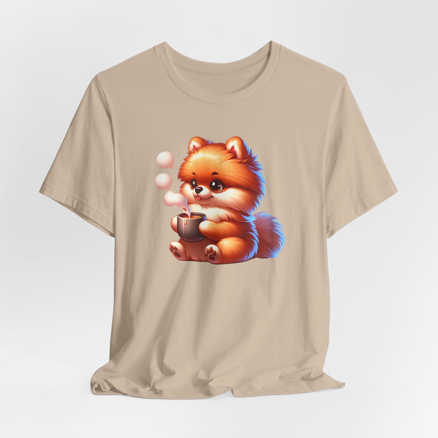 Pomeranian Dog Drinking Coffee Unisex Jersey Short Sleeve Tee