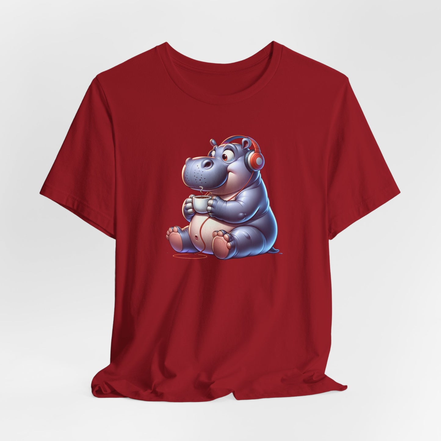 Hippo Wearing Headphones Drinking Coffee Unisex Jersey Short Sleeve Tee