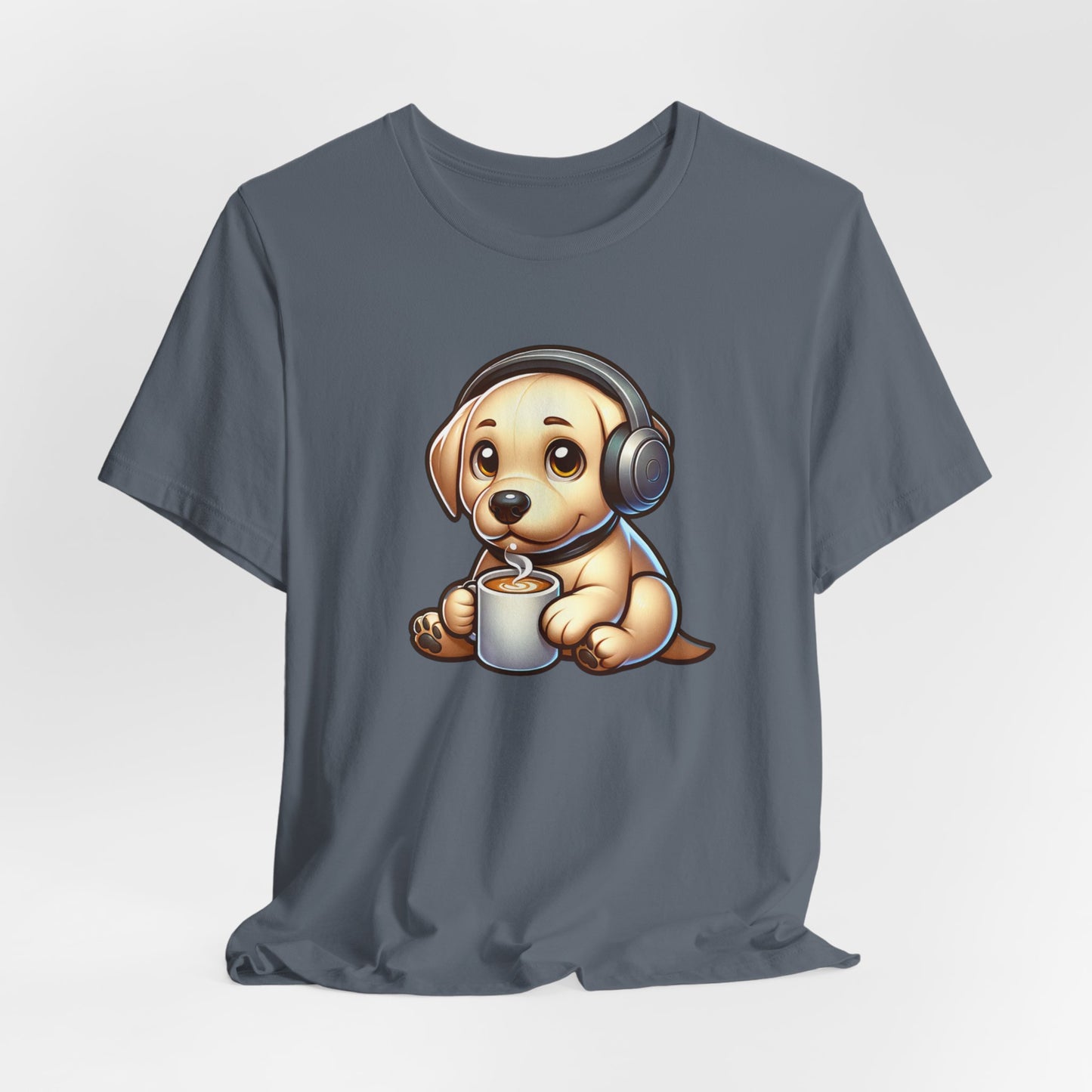 Labrador Dog (Yellow) Wearing Headphones Drinking Coffee Unisex Jersey Short Sleeve Tee