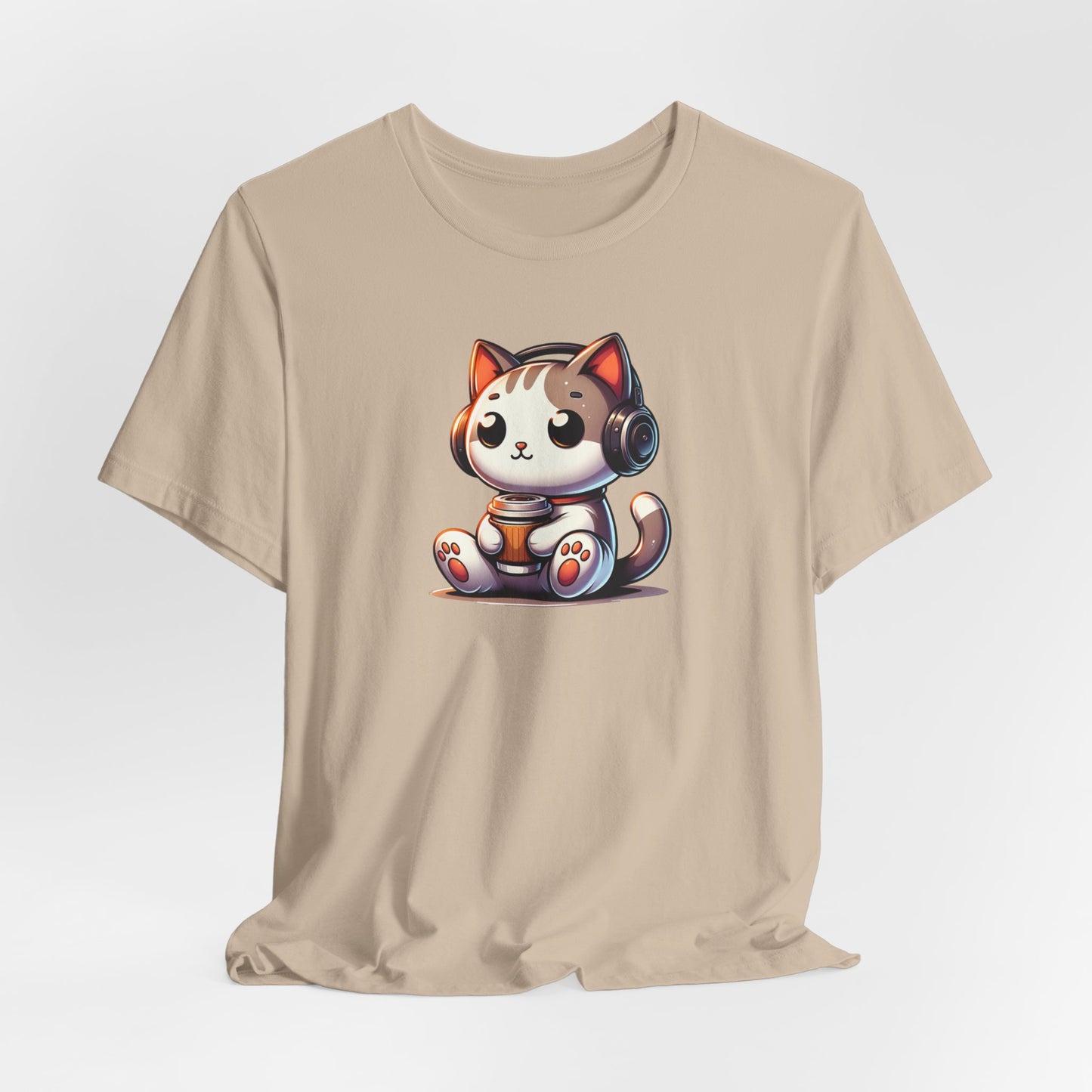 Cat with Headphones Drinking Coffee Unisex Jersey Short Sleeve Tee