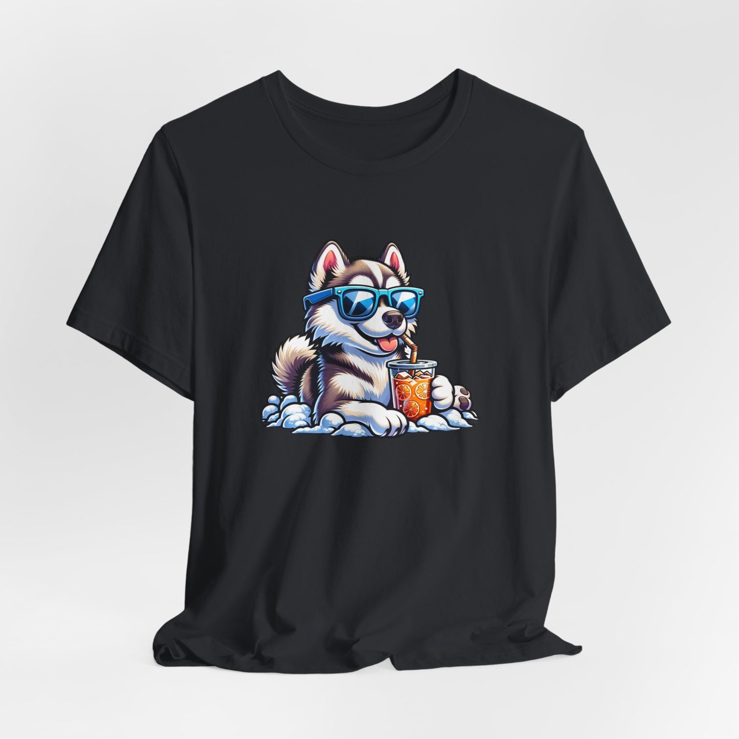 Siberian Husky Drinking Iced Tea Wearing Sunglasses Unisex Jersey Short Sleeve Tee