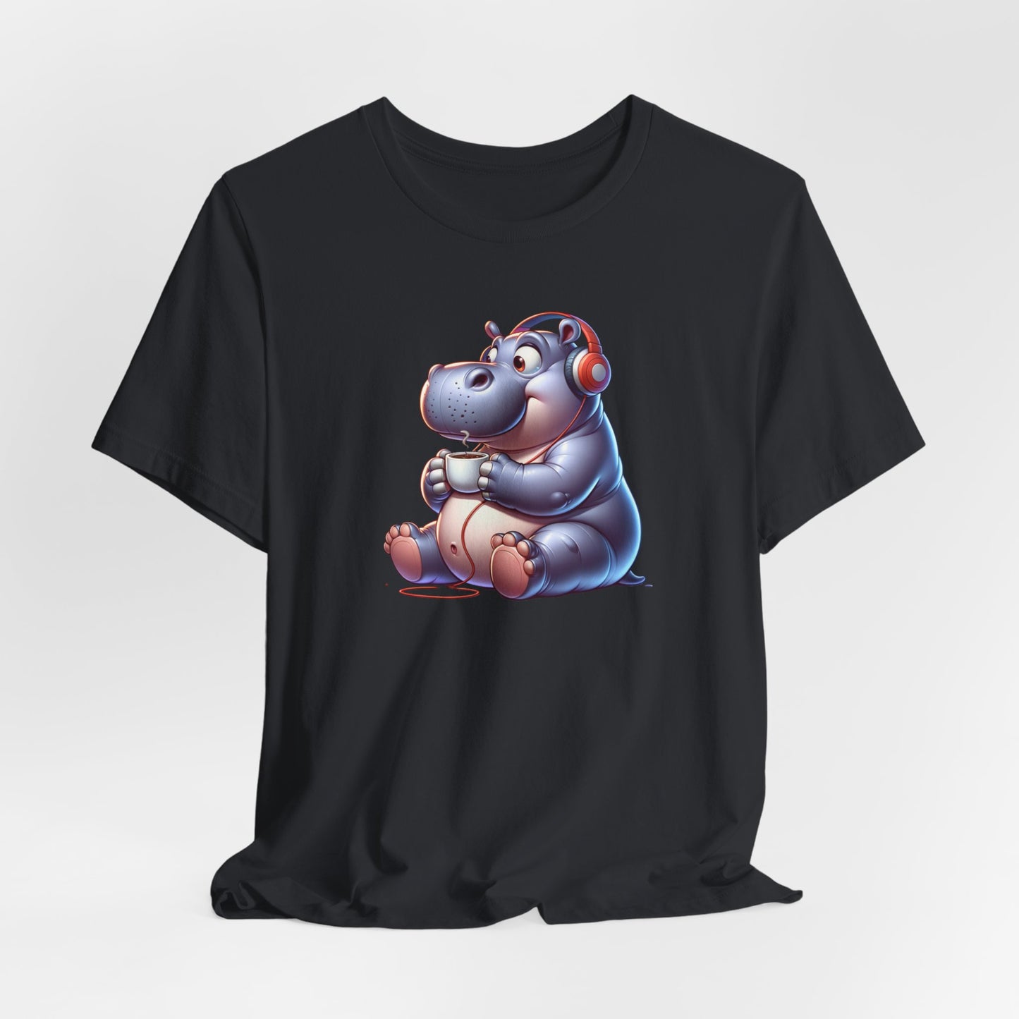 Hippo Wearing Headphones Drinking Coffee Unisex Jersey Short Sleeve Tee