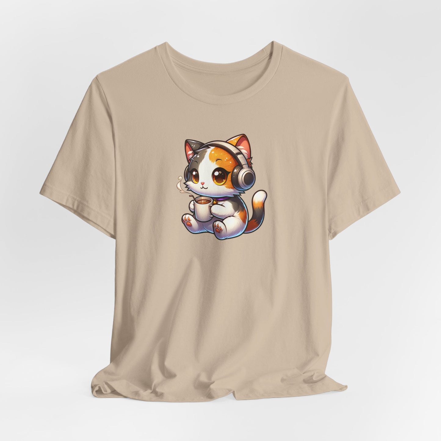 Calico Cat Drinking Coffee with Headphones Unisex Jersey Short Sleeve Tee