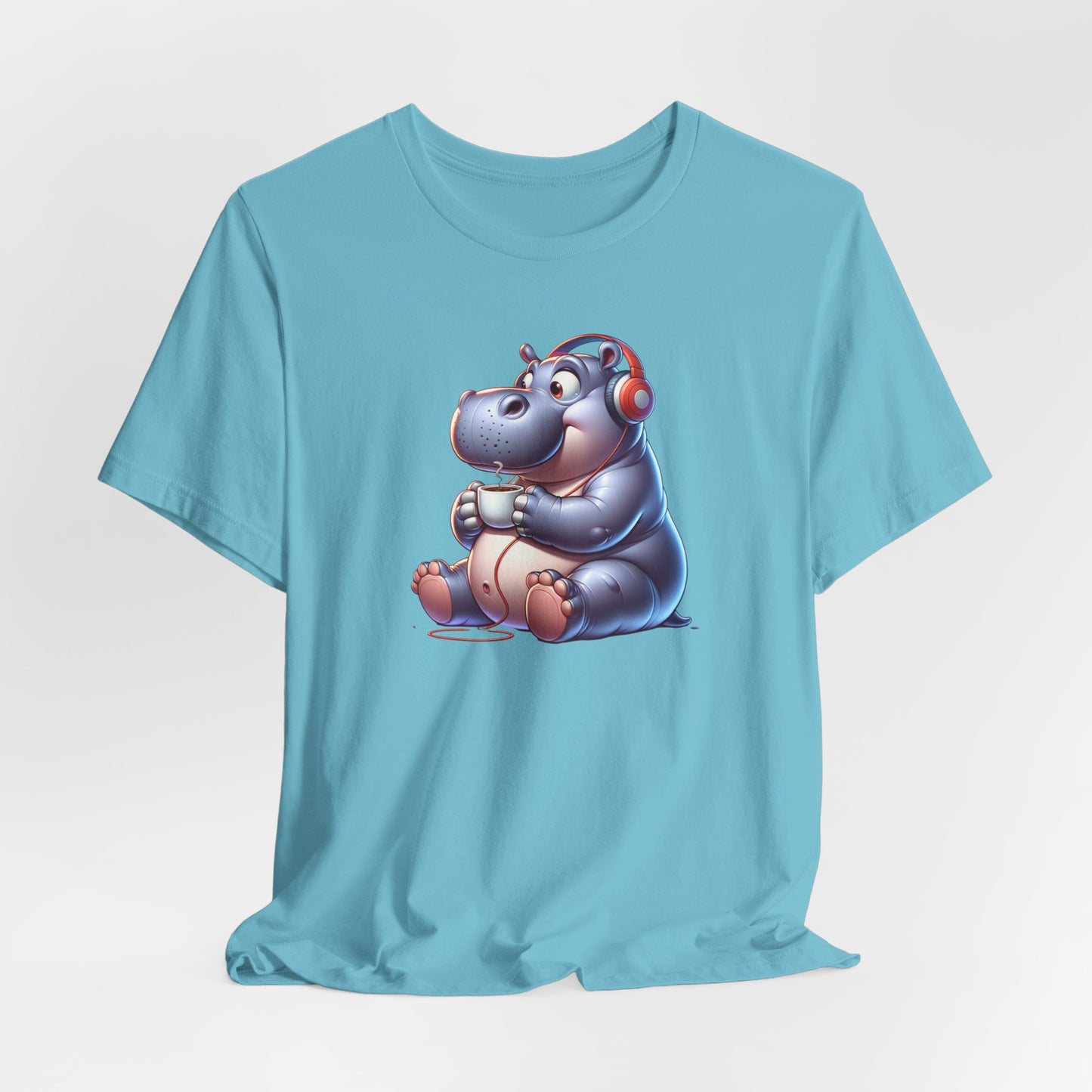 Hippo Wearing Headphones Drinking Coffee Unisex Jersey Short Sleeve Tee