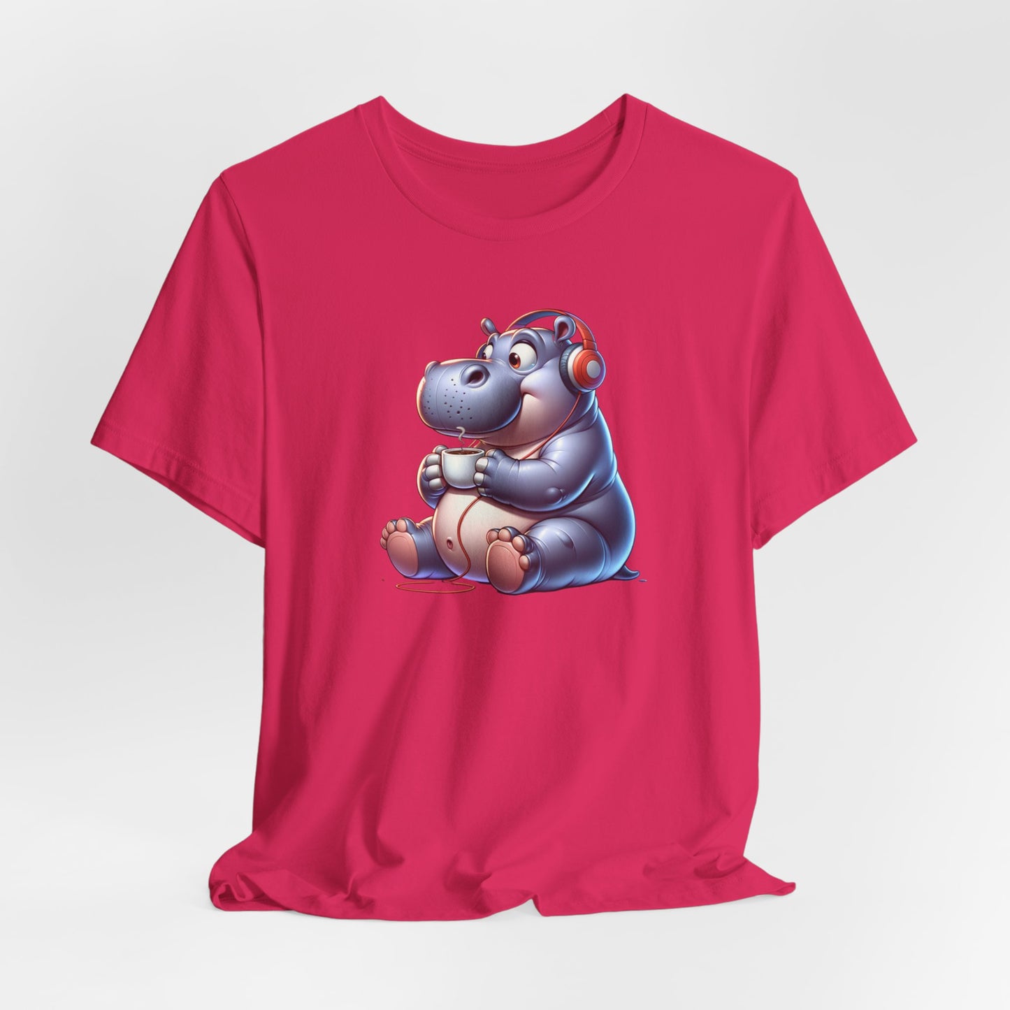 Hippo Wearing Headphones Drinking Coffee Unisex Jersey Short Sleeve Tee