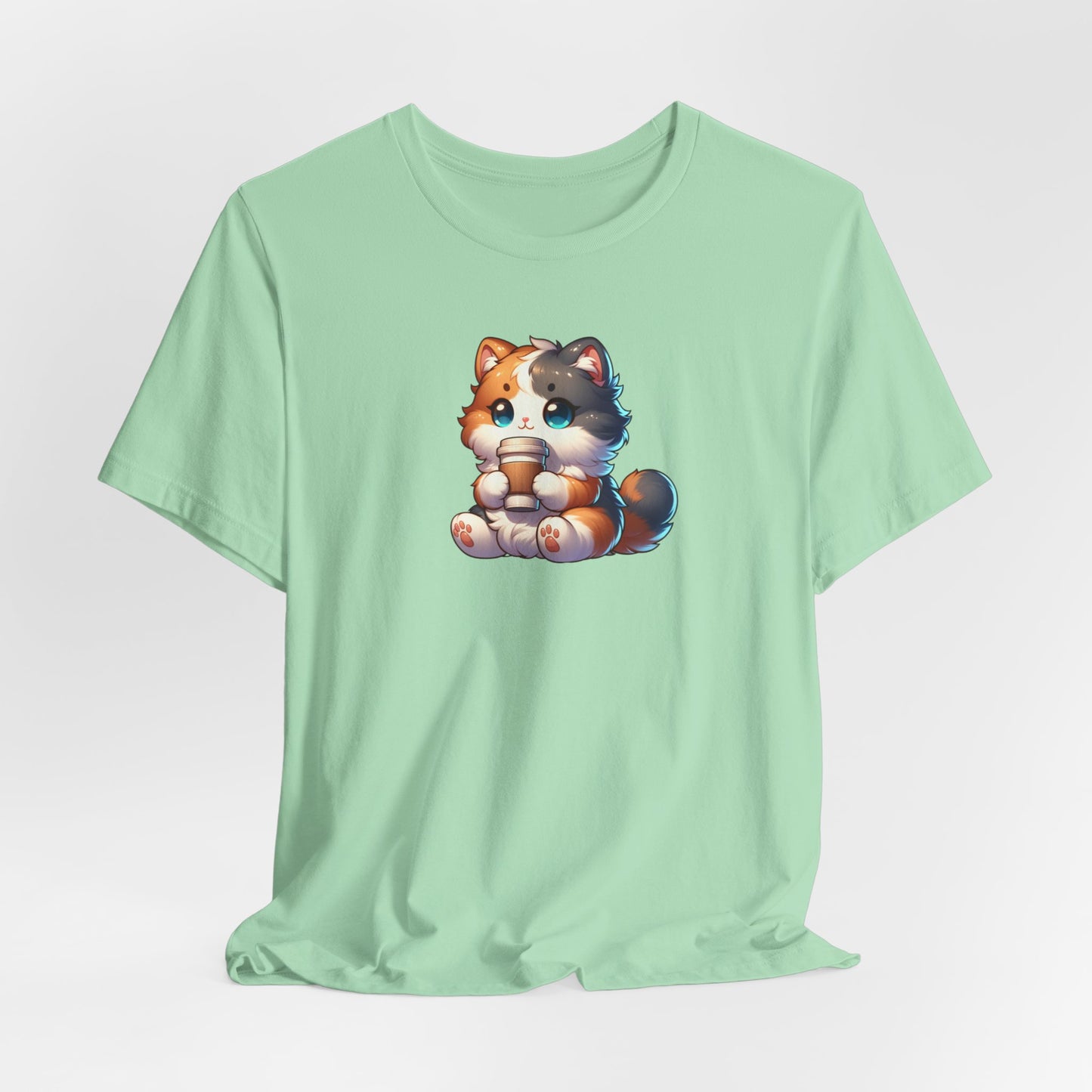 Calico Cat Drinking Coffee Unisex Jersey Short Sleeve Tee