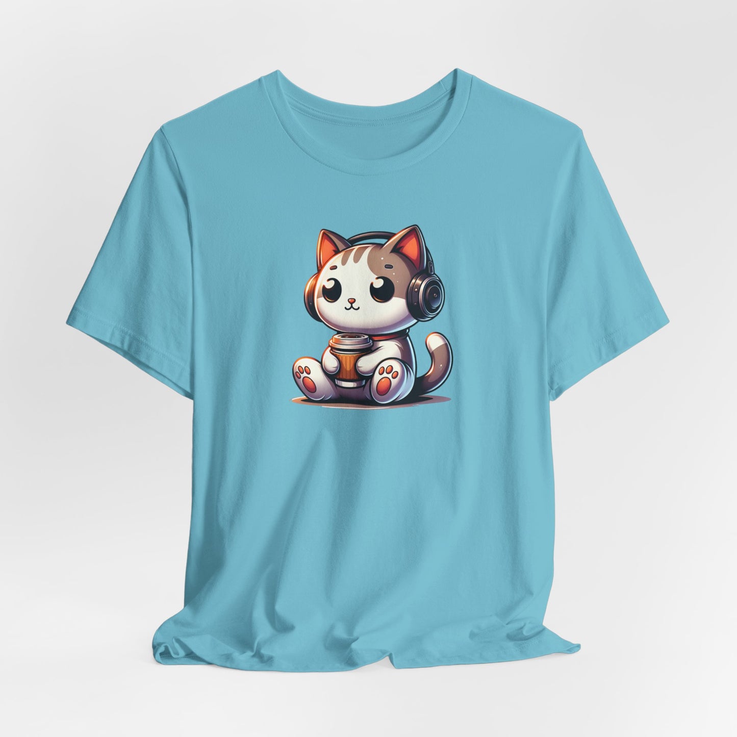 Cat with Headphones Drinking Coffee Unisex Jersey Short Sleeve Tee