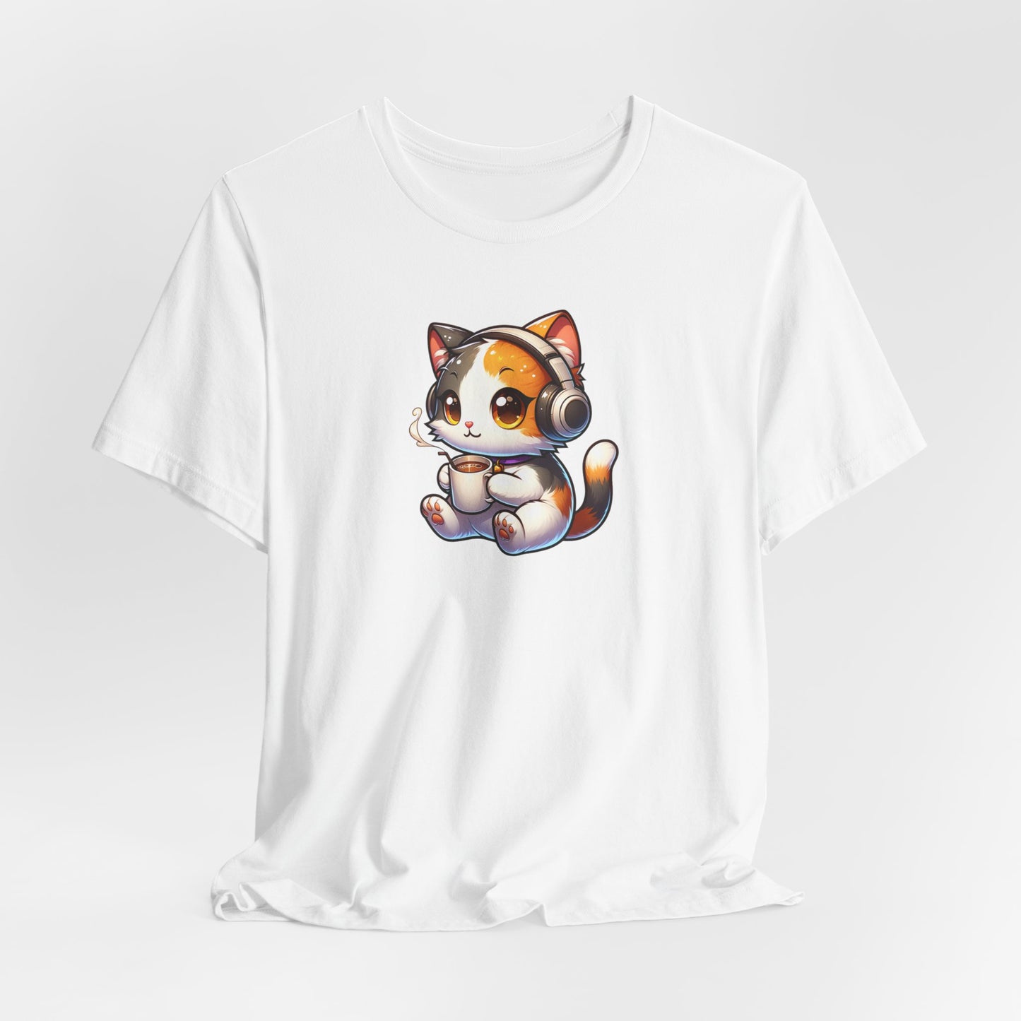 Calico Cat Drinking Coffee with Headphones Unisex Jersey Short Sleeve Tee