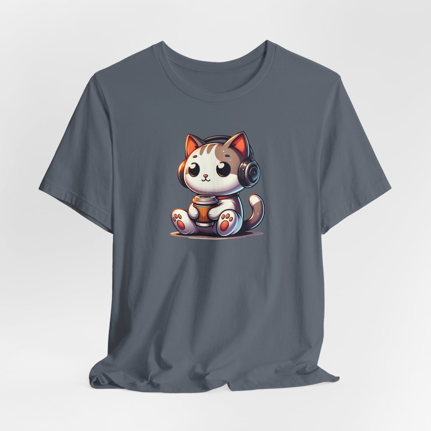 Cat with Headphones Drinking Coffee Unisex Jersey Short Sleeve Tee