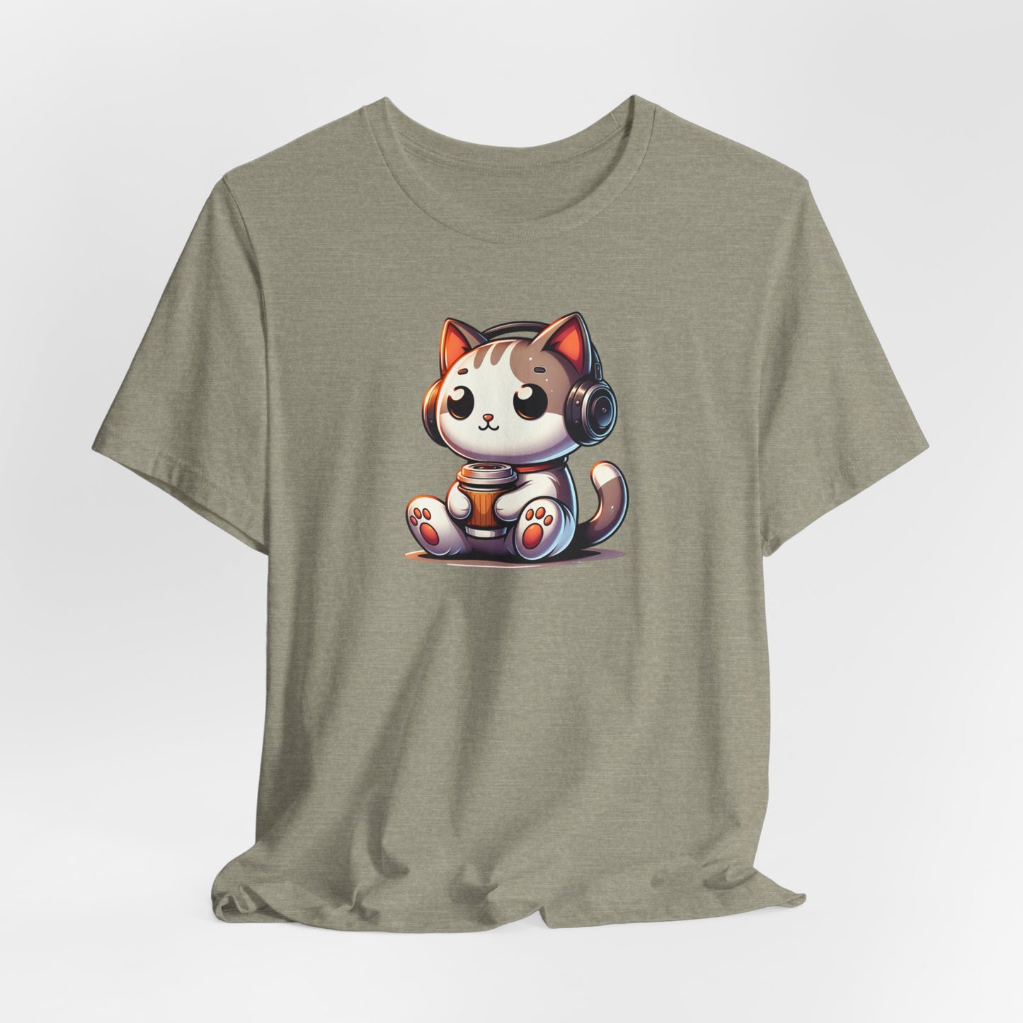 Cat with Headphones Drinking Coffee Unisex Jersey Short Sleeve Tee