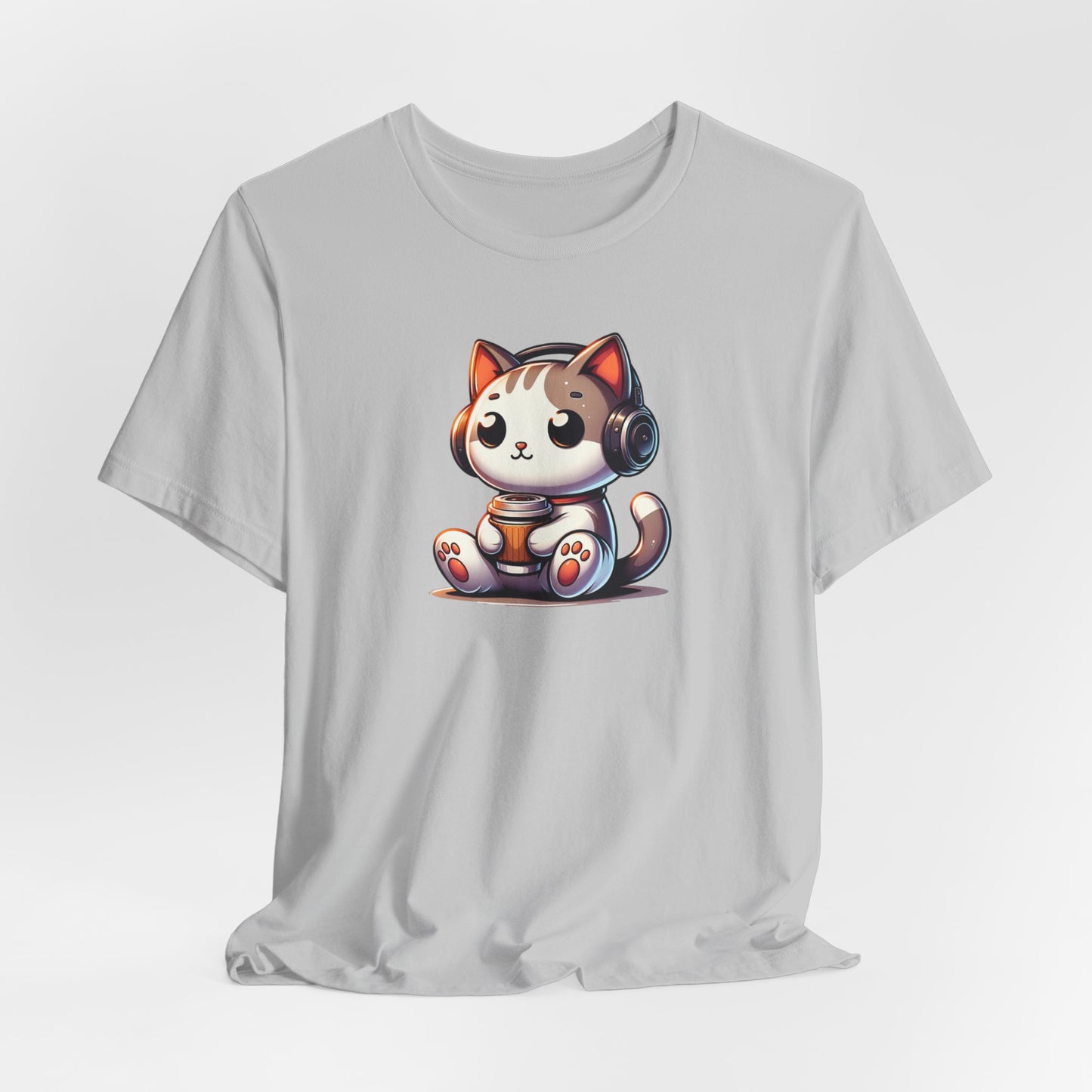 Cat with Headphones Drinking Coffee Unisex Jersey Short Sleeve Tee