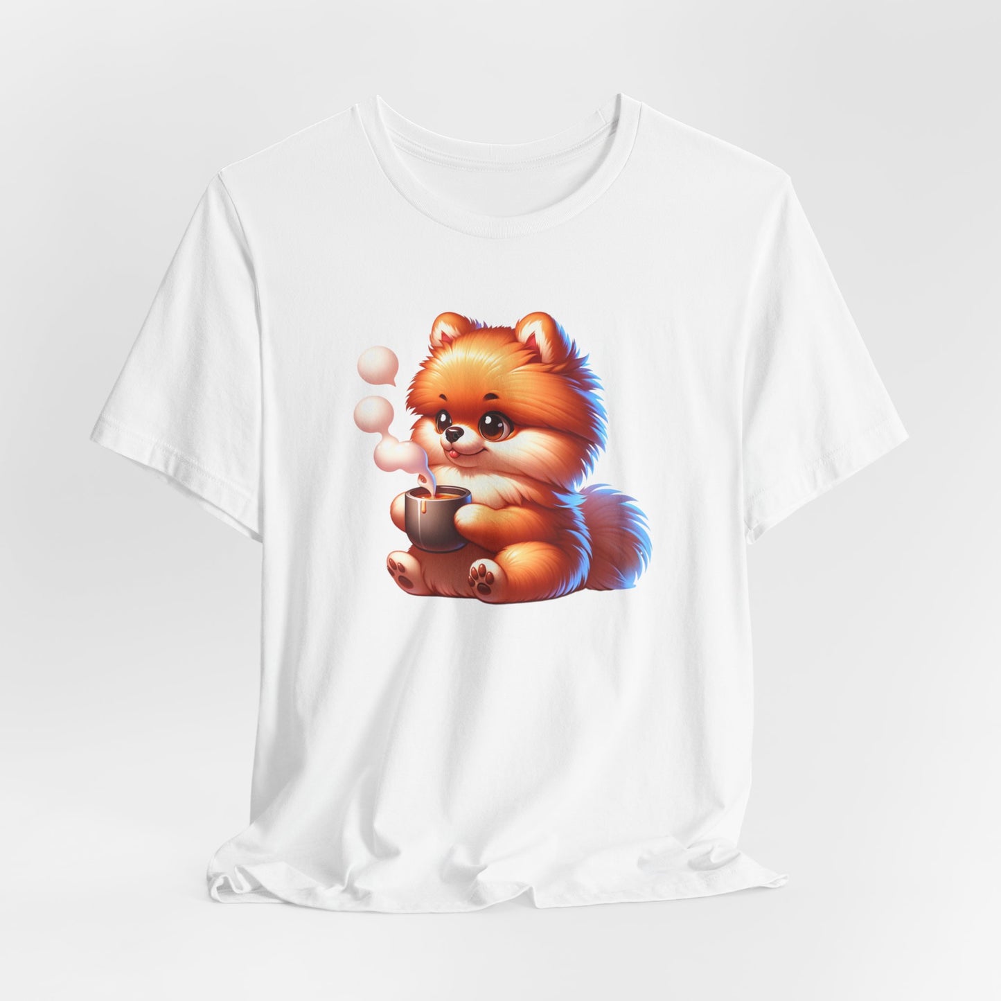 Pomeranian Dog Drinking Coffee Unisex Jersey Short Sleeve Tee