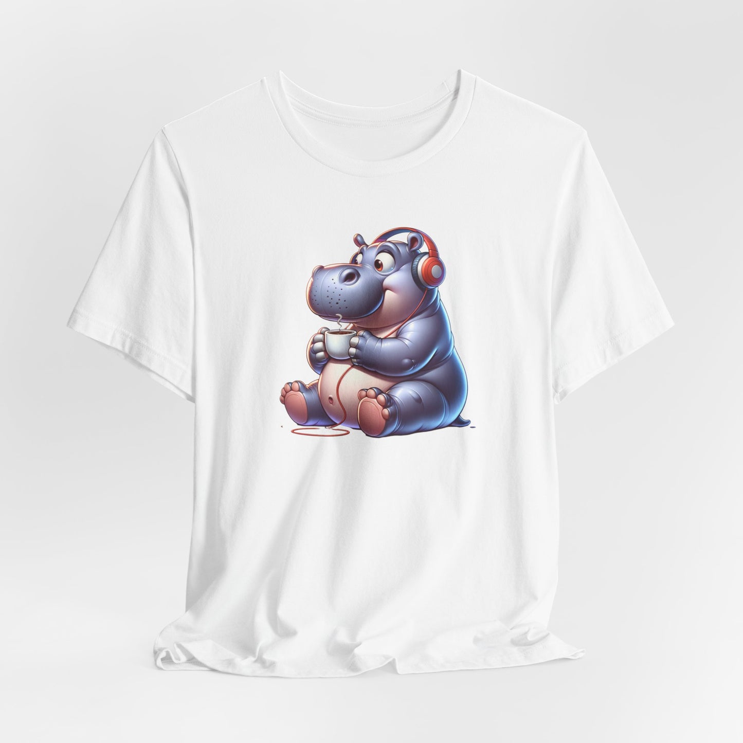 Hippo Wearing Headphones Drinking Coffee Unisex Jersey Short Sleeve Tee