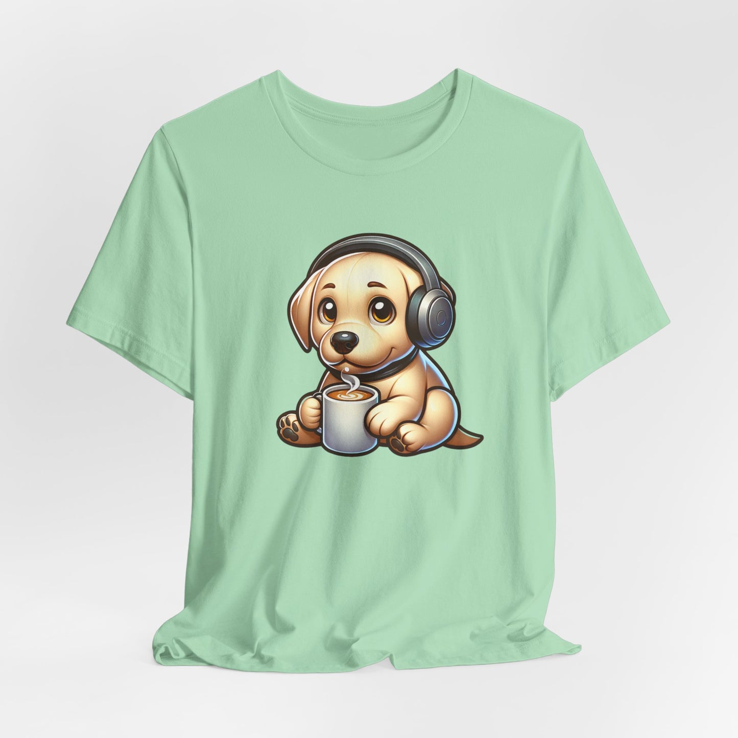 Labrador Dog (Yellow) Wearing Headphones Drinking Coffee Unisex Jersey Short Sleeve Tee