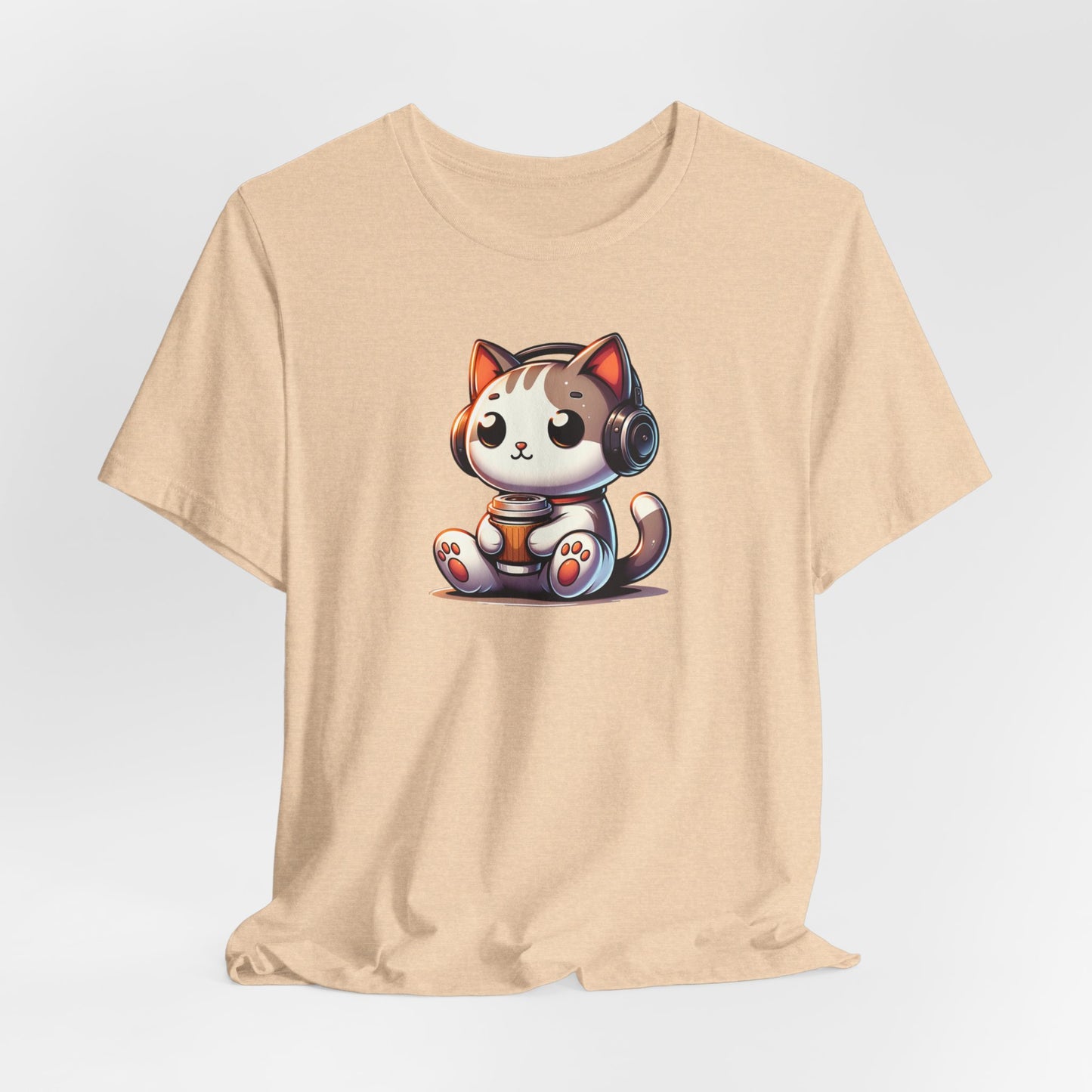 Cat with Headphones Drinking Coffee Unisex Jersey Short Sleeve Tee