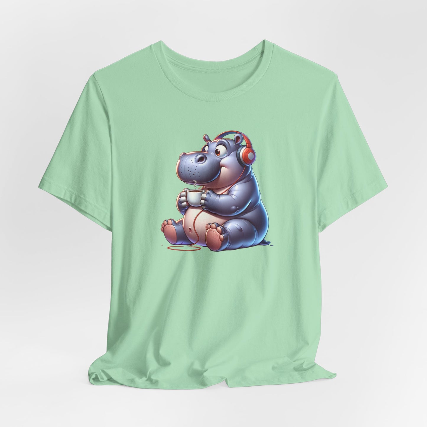 Hippo Wearing Headphones Drinking Coffee Unisex Jersey Short Sleeve Tee