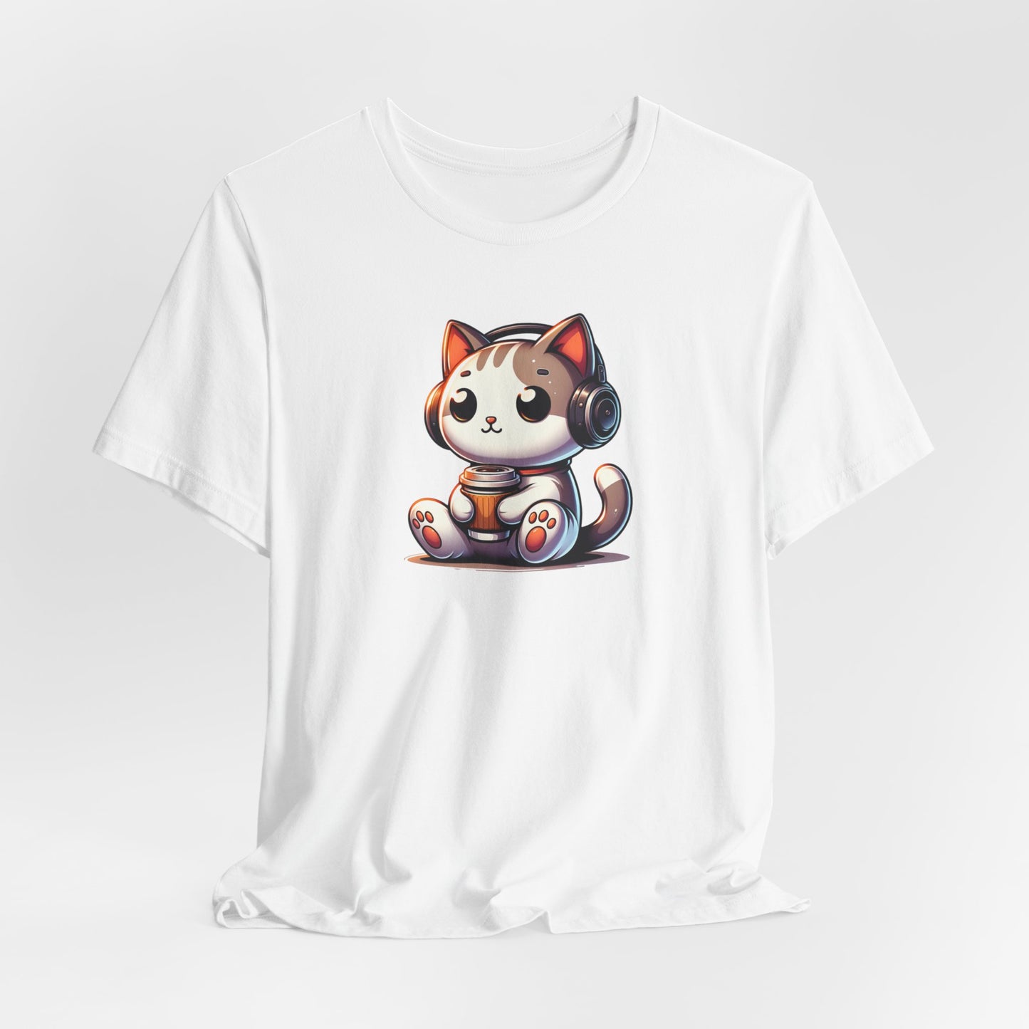 Cat with Headphones Drinking Coffee Unisex Jersey Short Sleeve Tee