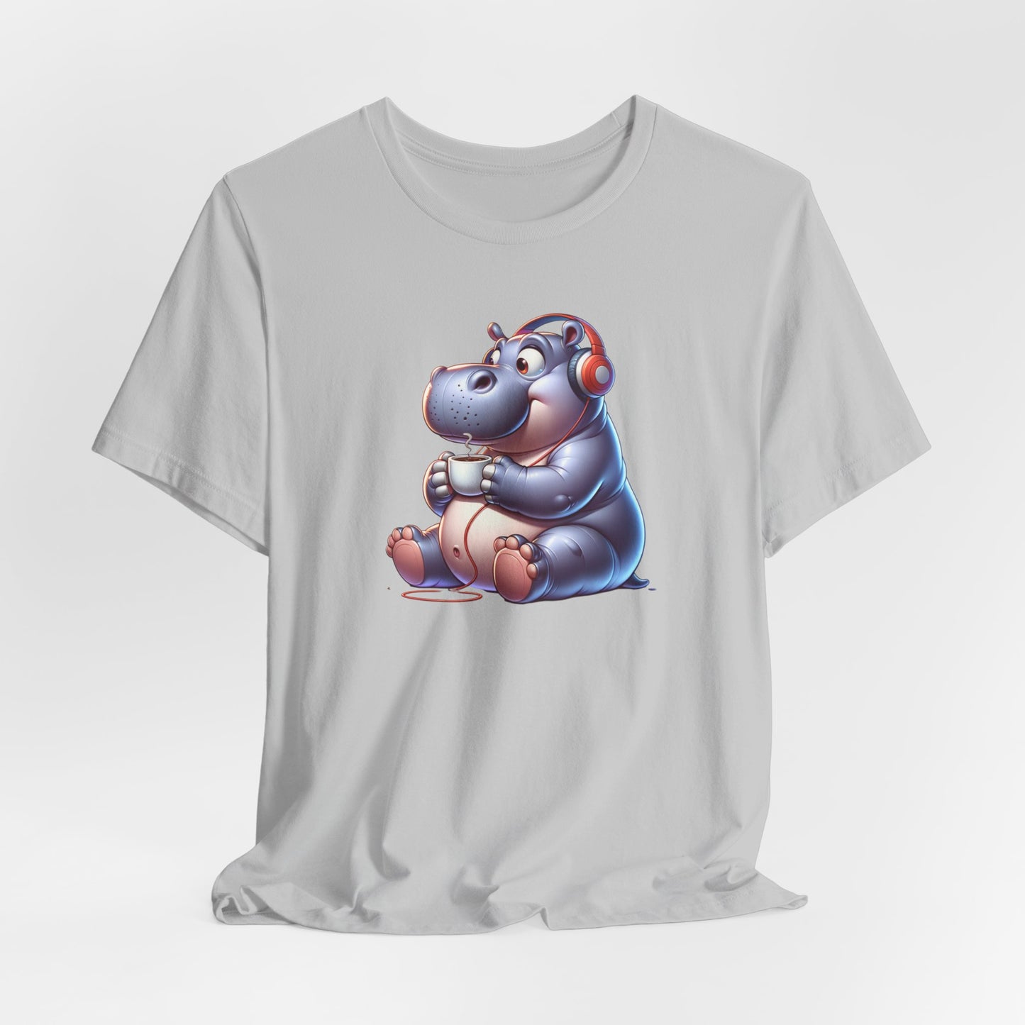 Hippo Wearing Headphones Drinking Coffee Unisex Jersey Short Sleeve Tee